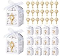 Lewtemi 25 Sets First Communion Favors Baptism Favors Boxes Include Alloy Chalice Charms White Pearl Paper Favor Boxes with Ribbons Adhesive Dots for Church Events Religious Celebrations
