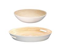 Lexa 2-Piece Handcrafted Bamboo Entertaining Set, 16” Serving Tray with Handles & 14” Salad Bowl, Spun Bamboo Serveware for Hosting, Everyday Dining & Home Décor (White)