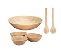 Lexa 5-Piece Handcrafted Bamboo Serving Bowl Set, 14”, 12”, 10”, 8” Bowls & Salad Utensils, Spun Bamboo Dinnerware, Artisan-Made for Entertaining, Serving & Home Décor (Natural)