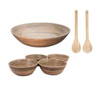 Lexa 6-Piece Handcrafted Bamboo Salad Bowl Set, Large 14 in Serving Bowl, Four 8 in Side Bowls & Salad Utensils, Artisan-Made Spun Bamboo Dinnerware for Entertaining, Serving & Home Décor (Black)