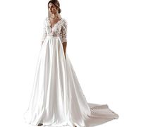 LeXAaN Add to Wish List Lace Satin Wedding Dresses with Half Sleeves Appliques with Deep V-Neck with Rhinestone, Long Tail Wedding Dress White French Plus Size Evening Dresses for Women, White, 3