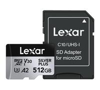 Lexar 512GB Professional Silver Plus microSDXC Memory Card w/SD Adapter UHS-I C10 U3 V30 Full-HD & 4K Video Up to 205/150 MB/s Read/Wr