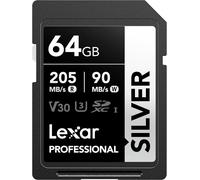 Lexar 64GB SD Card SILVER, Up to 205MB/s Read, 90MB/s Write, SDXC UHS-I Memory