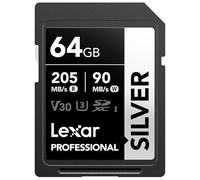 Lexar 64GB SD Card SILVER, Up to 205MB/s Read, 90MB/s Write, SDXC UHS-I Memory Card, Class 10, U3, V30, SD Card for Professional Photographers, Videographers, Enthusiasts