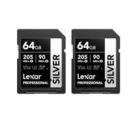 Lexar Professional SILVER SD Card 64GB 2-Pack, Up to 205MB/s Read, 90MB/s Write, SDXC UHS-I Memory Card, Class 10, U3, V30, SD Card for Professional Photographers, Videographers, Enthusiasts