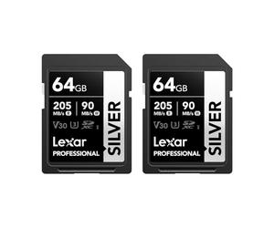 Lexar Professional SILVER SD Card 64GB 2-Pack, Up to 205MB/s Read, 90MB/s Write, SDXC UHS-I Memory Card, Class 10, U3, V30, SD Card for Professional Photographers, Videographers, Enthusiasts
