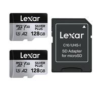 Lexar Silver Plus 128GB 2-Pack Micro SD Card up to 205 MB/s, MicroSDXC UHS-I Memory Card with Adapter, C10, U3, A2, V30, Full HD, 4K UHD, High Speed