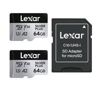 Lexar Silver Plus 64GB 2-Pack Micro SD Card up to 205 MB/s, MicroSDXC UHS-I Memory Card with Adapter, C10, U3, A2, V30, Full HD, 4K UHD, High Speed TF Card for Drone, Action Camera, Handheld Consoles