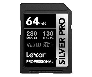 Lexar Silver Pro SD Card 64GB, UHS-II Memory Card, V60, U3, C10, SDXC Card, Up To 280MB/s Read, for Professional Photographer, Videographer, Enthusiast (LSDSIPR064G-BNNAA), Black