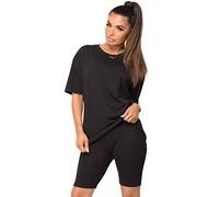 Lexi Fashion Women Holiday Tracksuit Plain Basic Oversized T Shirt Biker Cycling Knit Fitted Shorts 2 Pc Co Ord Loungewear Set UK Size Black M/L