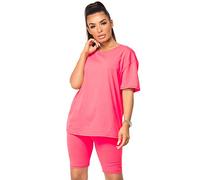 Lexi Fashion Women Holiday Tracksuit Plain Basic Oversized T Shirt Biker Cycling Knit Fitted Shorts 2 Pc Co Ord Loungewear Set Neon Pink UK Size S/M