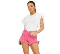 Lexi Fashion Women Ladies High Elasticated Waist Trim Jean Summer Denim Diamante Studded Detail Ripped Frayed Raw Hem Shorts Pink UK Size S/08