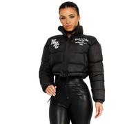 Lexi Fashion Women Ladies NYC Embroidery Detail Quilted Padded Puffer Drawstring Waist Zipped Pocketed Cropped Jacket Black UK Size M/10