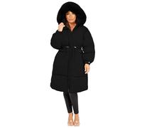 Lexi Fashion Women Ladies Padded Pocketed Collar Puffer Fluffy Detachable Faux Fur Hood Snap Cuffs Drawstring Waist Weather Resistant Midi Coat Jacket Black UK Size S/08