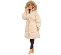 Lexi Fashion Women Ladies Padded Pocketed Collar Puffer Fluffy Detachable Faux Fur Hood Snap Cuffs Drawstring Waist Weather Resistant Midi Coat Jacket Beige UK Size M/10