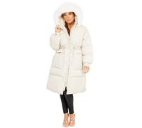 Lexi Fashion Women Ladies Padded Pocketed Collar Puffer Fluffy Detachable Faux Fur Hood Snap Cuffs Drawstring Waist Weather Resistant Midi Coat Jacket Cream UK Size M/10