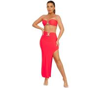 Lexi Fashion Women Ladies Slinky Seamless Maxi Side Cut Skirt And Bandeau 2 Pcs Co Ord Set With Gold Buckle Detail Party Night Club Festival Neon Pink UK Size XS/S-6/8