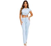 Lexi Fashion Women's Ladies Ribbed Flare Tie Up Short Sleeve Crop Top & Trousers Two Piece Co-Ords Tracksuit Loungewear Set Grey UK Size M/L-10/12