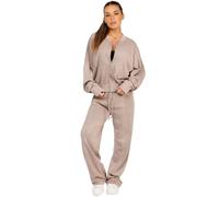 Lexi Fashion Women's Ladies Stonewashed Zipped Faded Bomber Jacket And Straight Joggers Tracksuit Co Ord Loungewear Set Taupe UK Size M/L-10/12