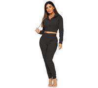 Lexi Fashion Women's Ladies Zipped Cropped Long Sleeve Top And Trousers with Drawstring Hood Two Piece Co Ord Tracksuit Loungewear Set Black UK Size S/8