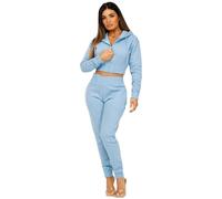 Lexi Fashion Women's Ladies Zipped Cropped Long Sleeve Top And Trousers with Drawstring Hood Two Piece Co Ord Tracksuit Loungewear Set Sky Blue UK Size XS/6