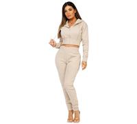Lexi Fashion Women's Ladies Zipped Cropped Long Sleeve Top And Trousers with Drawstring Hood Two Piece Co Ord Tracksuit Loungewear Set Oatmeal UK Size XS/6