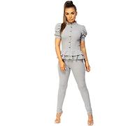 Lexi Fashion Womens Stretch Ribbed Short Sleeve Loungewear Set Tracksuit Activewear Frill Peplum Gold Button Knit Fit 2 Pc Co-Ord Set Grey S/M