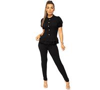 Lexi Fashion Womens Stretch Ribbed Short Sleeve Loungewear Set Tracksuit Activewear Frill Peplum Gold Button Knit Fit 2 Pc Co-Ord Set Black XS/S