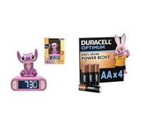 LEXIBOOK, Disney Stitch, Angel Night Light Alarm Clock, Sounds and Melodies, Backlit LCD Screen, Luminous, Snooze, Pink, RL800D1 + Duracell Optimum pack of 4 AA