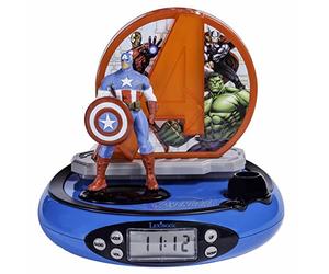 LEXIBOOK Marvel The Avengers Captain America Projector Clock, Built-In Night Light, Time Projection onto the Ceiling, Sound Effects, Battery-Powered, Blue/Red, RP500AV