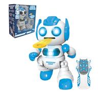LEXIBOOK, Powerman Shoot - My first throwing-disc robot, Programmable remote control robot, Plays music and dances, Sound and light effects, 12 foam discs, ROB17, White/Blue