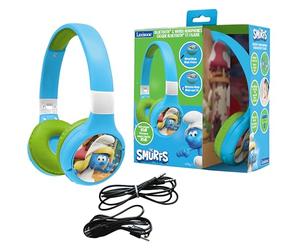 LEXIBOOK, The Smurfs, 2-in-1 Bluetooth & Wired Headphones with microphone and control buttons, Foldable and Adjustable, Long-lasting rechargeable battery, Blue/green, HPBT010SF