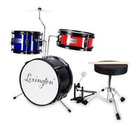 Lexington 3 PC Drum Set with Snare, Tom, Bass Drum, Bass Drum Pedal, Throne, Cymbals, Drumsticks, Black, Blue, Red
