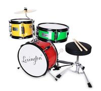 Lexington 3 PC Drum Set with Snare, Tom, Bass Drum, Bass Drum Pedal, Throne, Cymbals, Drumsticks, Red, Yellow, Green
