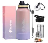 Lexlion Tea Infuser Bottle - Fruit Infuser Water Bottle 32 Oz, Triple Walled Insulated Stainless Steel, Thermal Leaf Infusion, Silicone Sleeve, 3 Lids Leakproof, Metal Mug Gallon