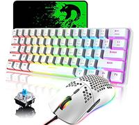 LexonElec Bluetooth/Wired USB C Mechanical Backlight Keyboard 61 Keys Blue Switch Rechargeable 1000 mAh Battery + Wired Honeycomb Shell RGB Backlit 12000 DPI Gaming Mouse + Mouse Pad (White)