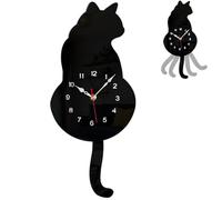 LexTex Cat Clock with Moving Tail, Vintage Cat Wall Clocks Wall Swinging Tail, Acrylic Creative Silent Pendulum Clock, Easy to Read & Install for Home Office School Decorative(Black,Without eyes)