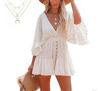LexTex Mabel Mia Lace Crochet Romper Dress with Built-in Short,Women's Batwing Sleeve Backless Ruffle V Neck Button with Necklace(White,M)