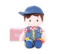 LeyaDoll Soft Bady Educational Soft Baby Doll(16''), Learning Sensory Doll for Toddlers, Montessori Toys for 2-Year-Old Girls Christmas, Birthday Gifts, Plush Doll with Button-Overalls boy
