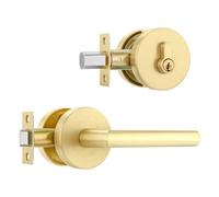Leydebong 1 Pack Gold Front Door Locksets with Deadbolt, Satin Brass Door Handles, Combination Door Lock, Keyed Alike Exterior Door Lever