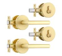 Leydebong 2 Pack Gold Front Door Locksets with Deadbolt, Satin Brass Door Handles, Combination Door Lock, Keyed Alike Exterior Door Lever