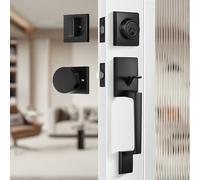 Leydebong Black Entry Door Handle and Single Cylinder Deadbolt Lock and Key, All Keyed Different Front Door Lock Set - Heavy Duty Square Locking Lever Set - Exterior Door Handle