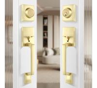 Leydebong Double Front Door Handle Set, Gold Square Door Lever, Exterior Door Knob & Deadbolt Combo, Door Lock Set for Front/Back/Office Doors, Heavy Duty Door HandleHandle