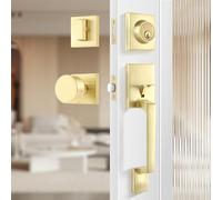 Leydebong Gold Entry Door Handle and Single Cylinder Deadbolt Lock and Key, All Keyed Different Brass Front Door Lock Set - Heavy Duty Square Locking Lever Set - Exterior Door Handle
