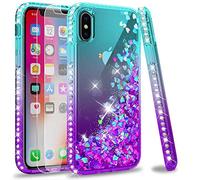 LeYi 2 Pack iPhone XS/iPhone X Case with Glass Screen Protector, 3D Glitter Liquid Cute Personalised Clear Silicone Gel Shockproof Phone Cover, Blue Purple