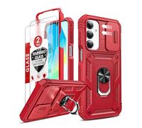 LeYi Case for Samsung Galaxy A17/A 17 5G with 2 x Tempered Glass + Ring Stand, Full Protection Hard PC Camera Anti-Fall Reinforced Armor Heavy Duty Shockproof Bumper Case Cover, Red