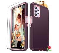 LeYi Compatible for A32 5G Case: Samsung A32 5G Case with 2 PCS Tempered Glass Screen Protectors, 3 in 1 Full Body Shockproof Rubber Dustproof Rugged Protection Phone Case A32 5G, Wine Red+Pink