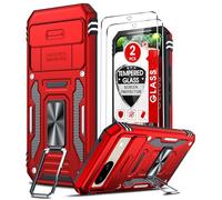 LeYi for Google Pixel 8a Case: Pixel 8A Phone Case with Camera Lens Cover Slider, 2 Pack Screen Protectors, Ring Stand Holder Military Grade Protective Shockproof Armour Cover, Red