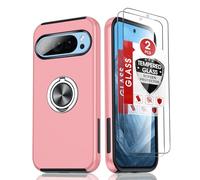 LeYi for Google Pixel 9/Pixel 9 Pro Case with 2 Tempered Glass Screen Protector and Invisible Phone Ring Holder, Shockproof Protective Phone Cover - Pink
