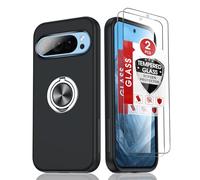 LeYi for Google Pixel 9/Pixel 9 Pro Phone Case with 2 Tempered Glass Screen Protector and 360° Rotating Invisible Phone Ring Holder, Shockproof Protection Cover for 9Pro - Black